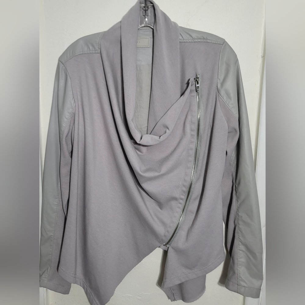 BLANKNYC Jacket Gray Vegan Leather Moto Mix Media Draped Zip Up Size Large